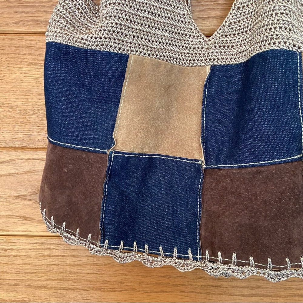 Y2K Wilson's Leather suede denim crochet patchwork halter top pants set - Picture 3 of 14